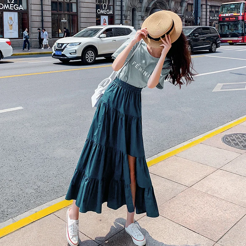 أزياء ربيع الخريف القطن الكتان التنانير ماكسي، أزياء الشارع ارتداء عدم التماثل كشكش تنورة بالإضافة إلى حجم تنورة أسود أبيض أحمر #3