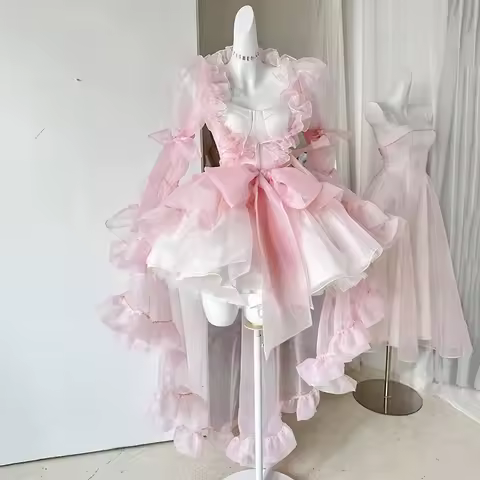 Kawaii Ruffle Puffy Women 3-piece Set Dress Underskirt Shawl Shrug Princess Pink Mini Evening High Low Dress Lolita Tutu Train