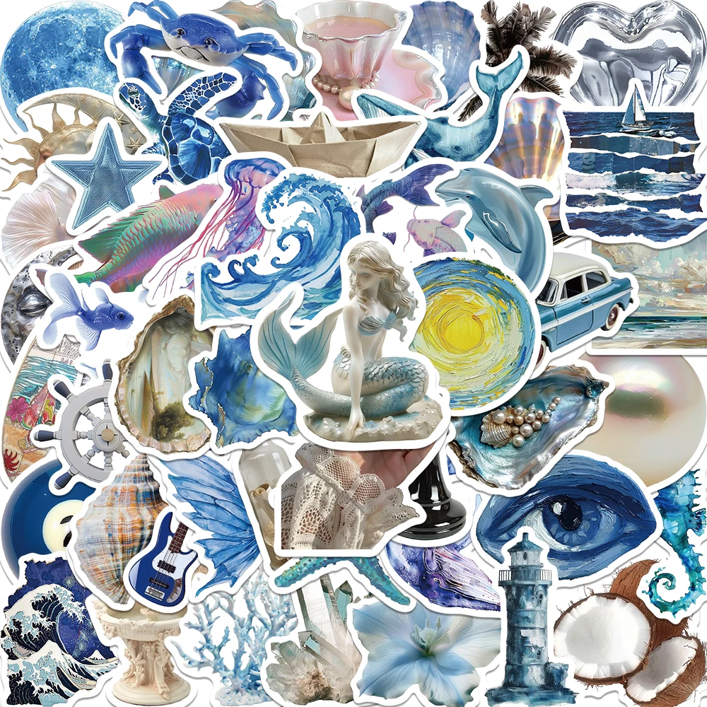 50pcs Vintage Blue Marine 3D Fashion Style Aesthetic Stickers DIY Vinyl Decal Diary Journal Guitar Motorcycle Computer Stickers