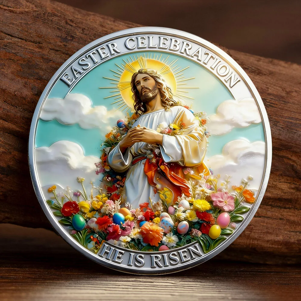 New Easter Jesus Silvery Plated 2D Printed Commemorative Coins Faster Celebration Prayer and Faith Challenge Coins