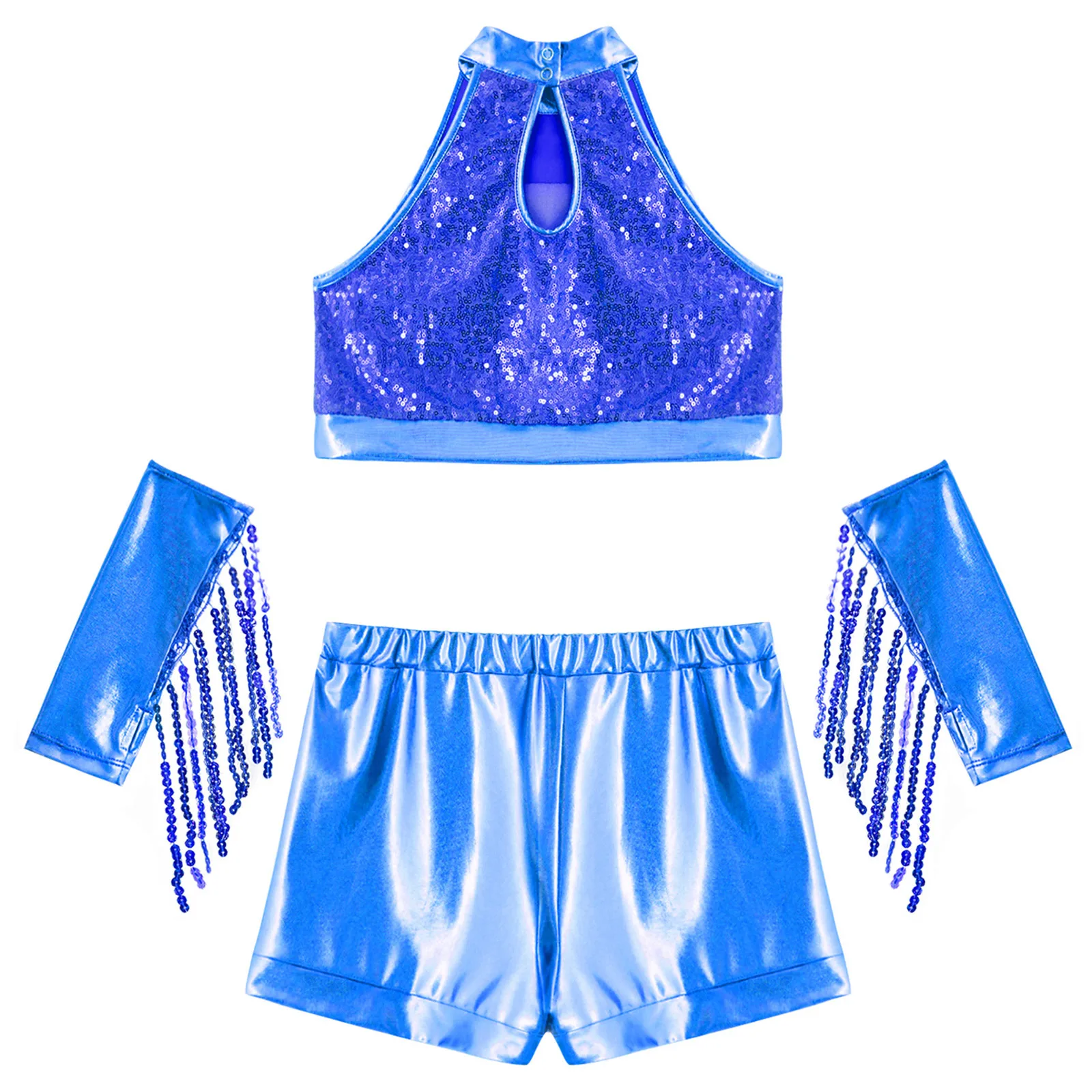 Costumi da ballo jazz lucidi per ragazze per bambini Set di abbigliamento da ballo per cheerleader Abiti da cheerleader metallizzati per bambini Abiti hip-hop per adolescenti