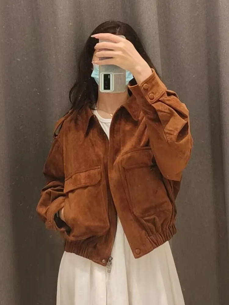 

HH Women 2025 Autumn Fashion Versatile Suede Lapel Long Sleeve Coat Female Temperament High Street Loose Zipper Pocket Jacket