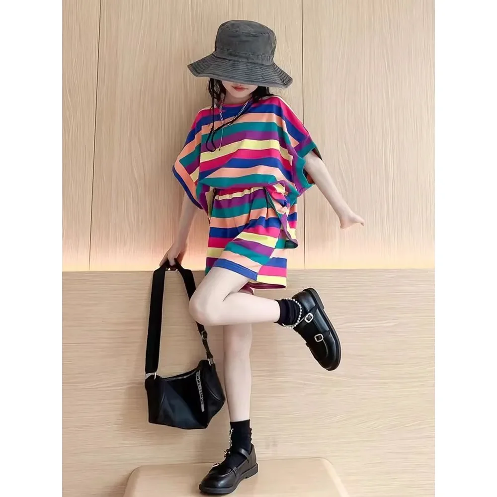 6580 Girls Summer New Fashion Striped 2pcs Quick-drying T-shirts+Short Pants Sportsuits 5-14 Years Kids Casual Streetwear Sets