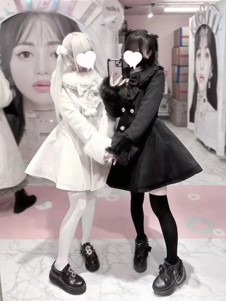 Y2K Sweet Lolita A-shaped winter coat big bow hairball decorative double-breasted princess coat cute warm coat tea party wear