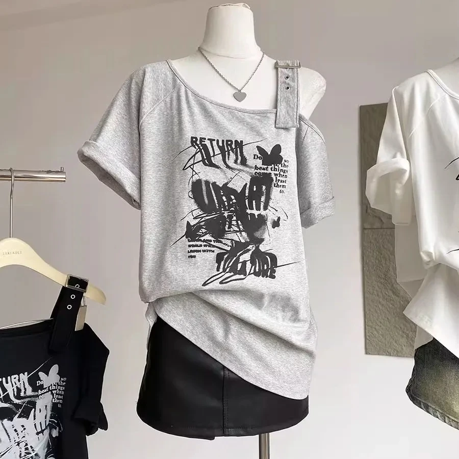 

Женские футболки 2024, летняя одежда, повседневные футболки с короткими рукавами и принтом, модные корейские топы Camisetas Y2k, готическая футболка с открытыми плечами