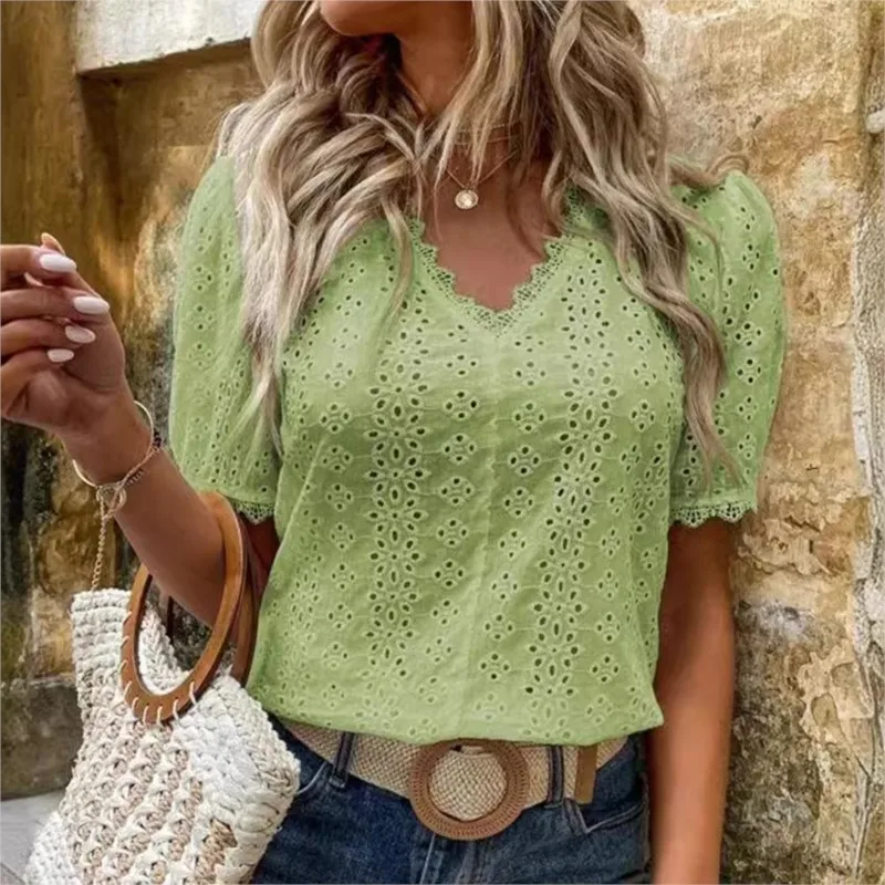 Elegancka damska bluzka Moda Tees 2024 Summer New Solid Short Sleeve Hollow Out Shirt Commuter Office Female Leisure Lace S-3XL