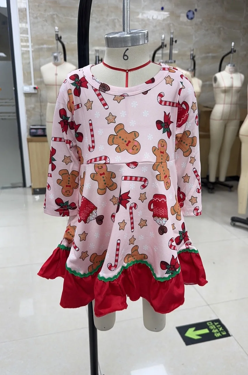 

Одежда для малышей, рождественское платье для маленьких девочек, платье с длинными рукавами и круглым вырезом, пряничный человечек, платье с ярким принтом