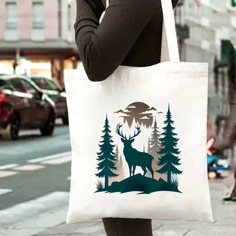 

Nature Forest Deer Print Canvas Tote Bag Large Capacity Casual Shoulder Bag Eco-Friendly Reusable Shopping Bag for Outdoor Lover