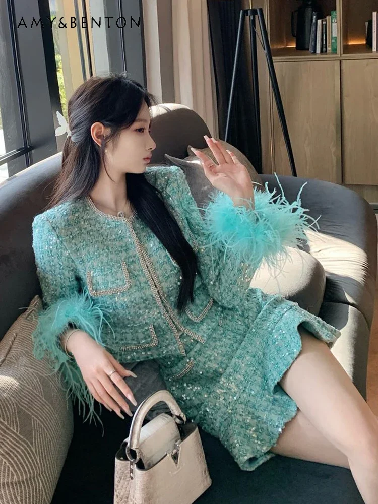 High End Graceful Beaded Rhinestone Feather Tweed Short Coat Slim Mini Skirt Two-piece Set Court Style Sequined Woven Skirt Sets