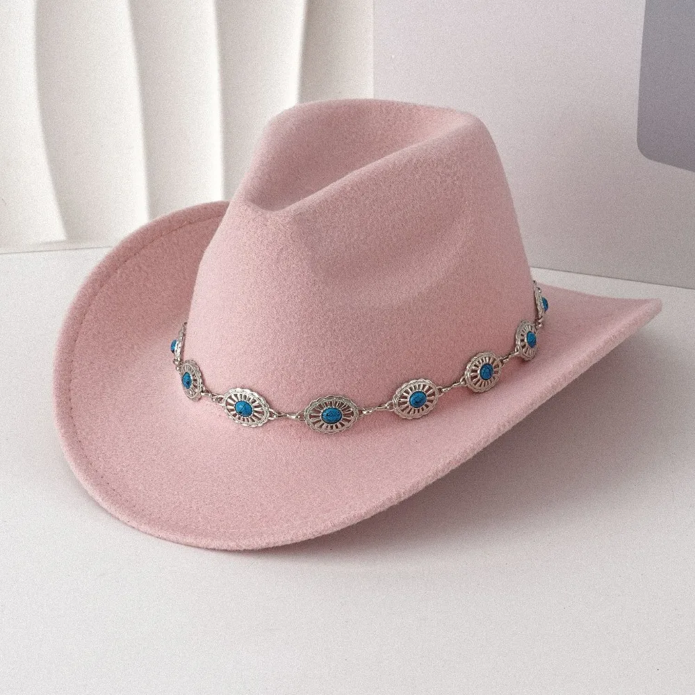 Turquoise Cowboy Hat Metal Chain Decor Wide Curved Brim Felt Fedora Hat Unisex High Crown Western Cowgirl Hat