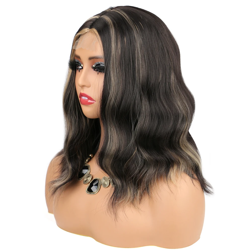 براون مختلط شقراء قصيرة متموجة الباروكات للنساء الجزء الأوسط الدانتيل شعري بوب شعر مستعار الاصطناعية 14 بوصة تسليط الضوء على الشعر الطبيعي