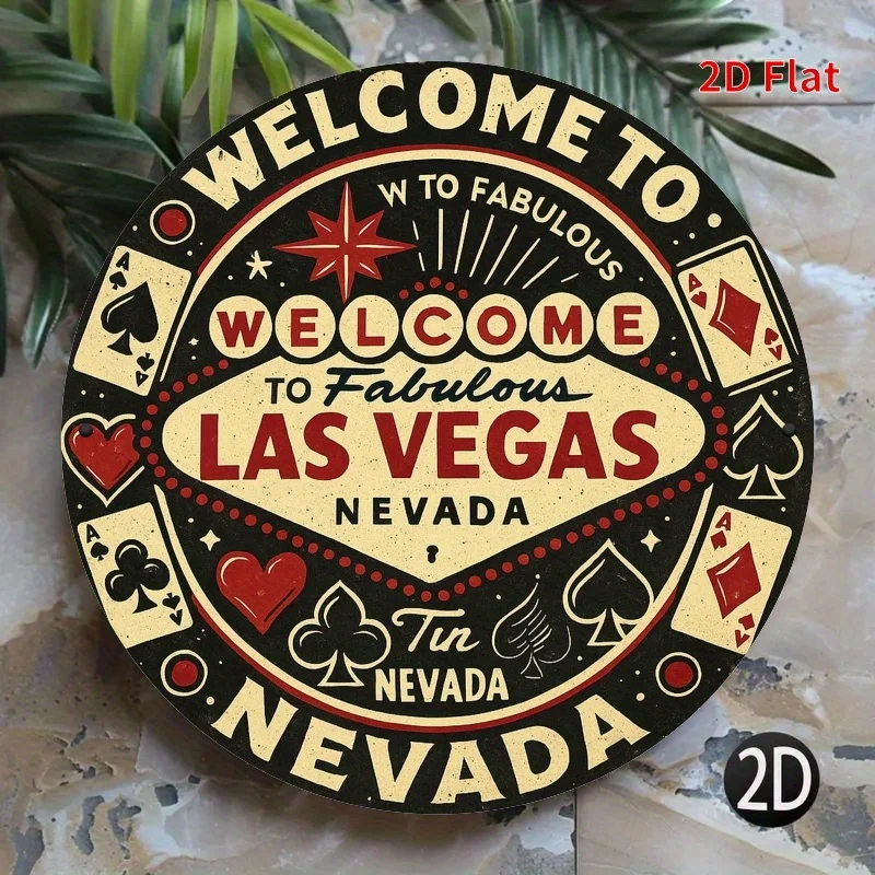 Letrero Metálico Redondo Vintage con Diseño Retro de Cartas de Juego y Temática de Casino, con la Frase 'Bienvenido a Fabulosa Las Vegas, Nevada' - Nostalgia por la Ciudad del Pecado y G