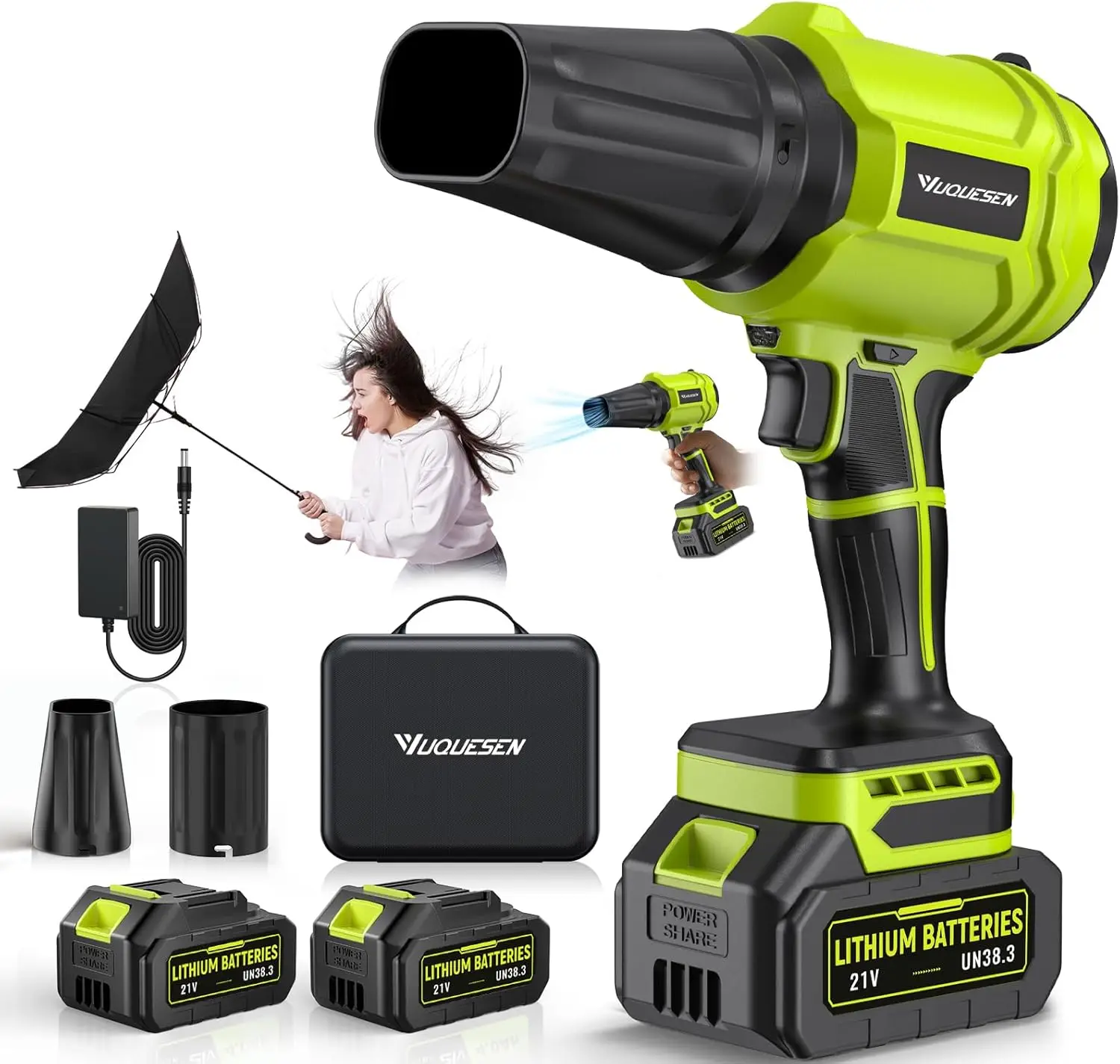 

Lightweight Cordless Leaf Blower with 2 Batteries, 980K RPM for Patio, Lawn Cleaning - Green