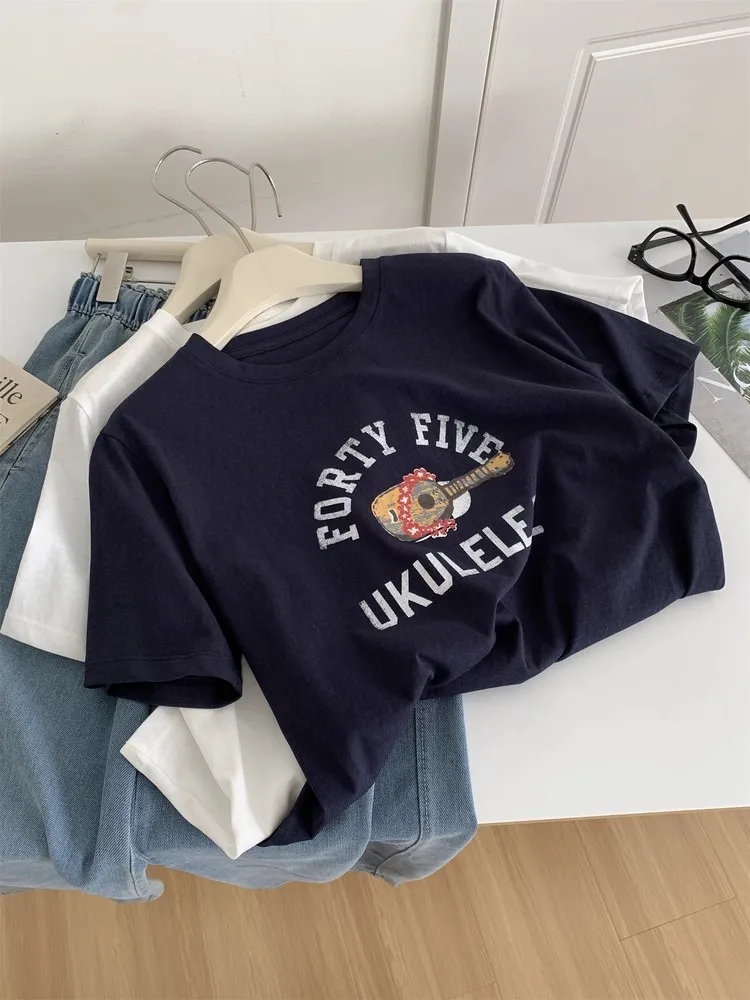 가볍고 통기성 좋은 여름 티셔츠 여성용 한국 스타일 레트로 기타 레터 프린트 오르트 스노우플레이크 코튼 탑