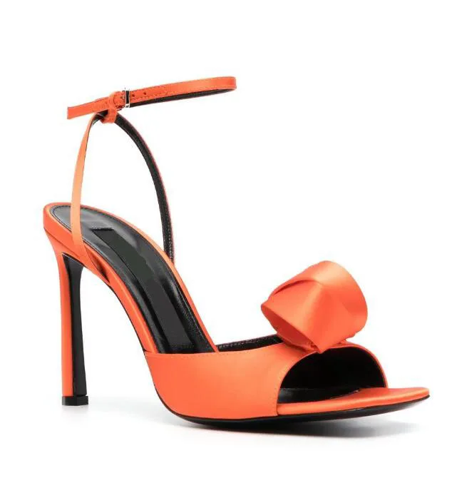 

Finish Buckle Fastening Ankle Strap Orange Satin Thin High Heel Bow Knot Sandals Women Stiletto Heeled Summer Party Shoes