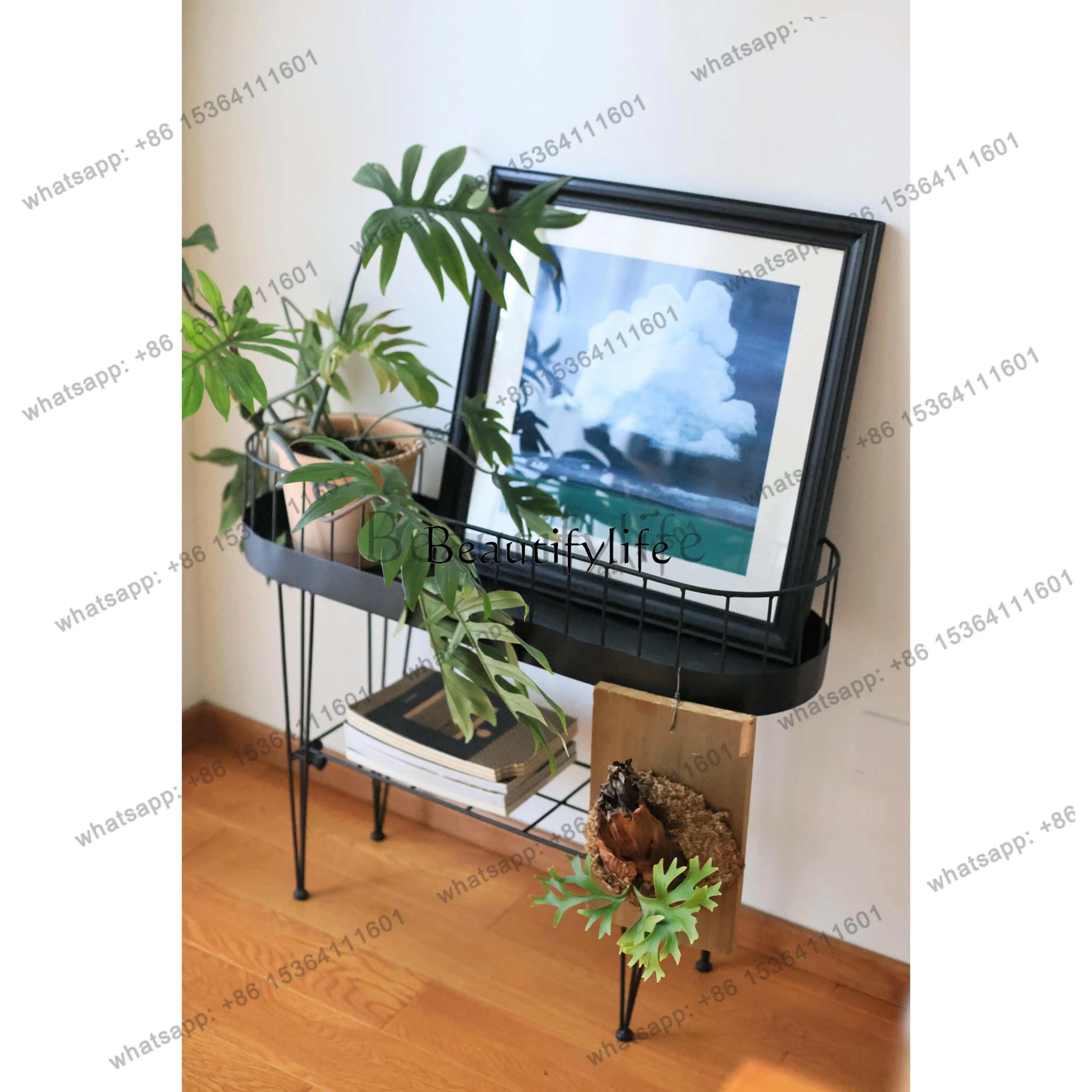 Best Seller Interior Flower Stand Metal Texture Minimalist Living Room Decoration Shelf Double Layer