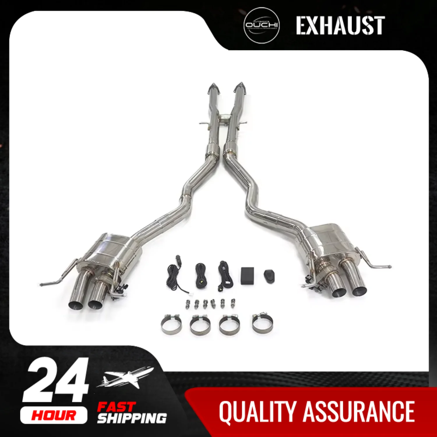 

OUCHI Exhaust System Stainless Steel Performance Catback for Ford Mustang GT 5.0L Muffler With Valve Quad Tips