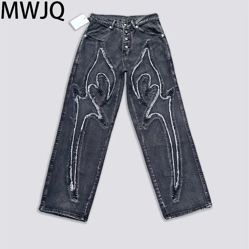 

MWJQ Men's High Street Jeans Embroidery Design Washed Black Fashon New Bottm Loose Wide Leg Pants 2025 Spring 010128