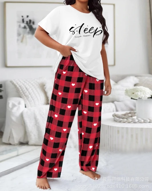 

Women's fashion suits 2024 Spring/Summer Latest printed loose fitting round neck short sleeved top+pants home suit pants set