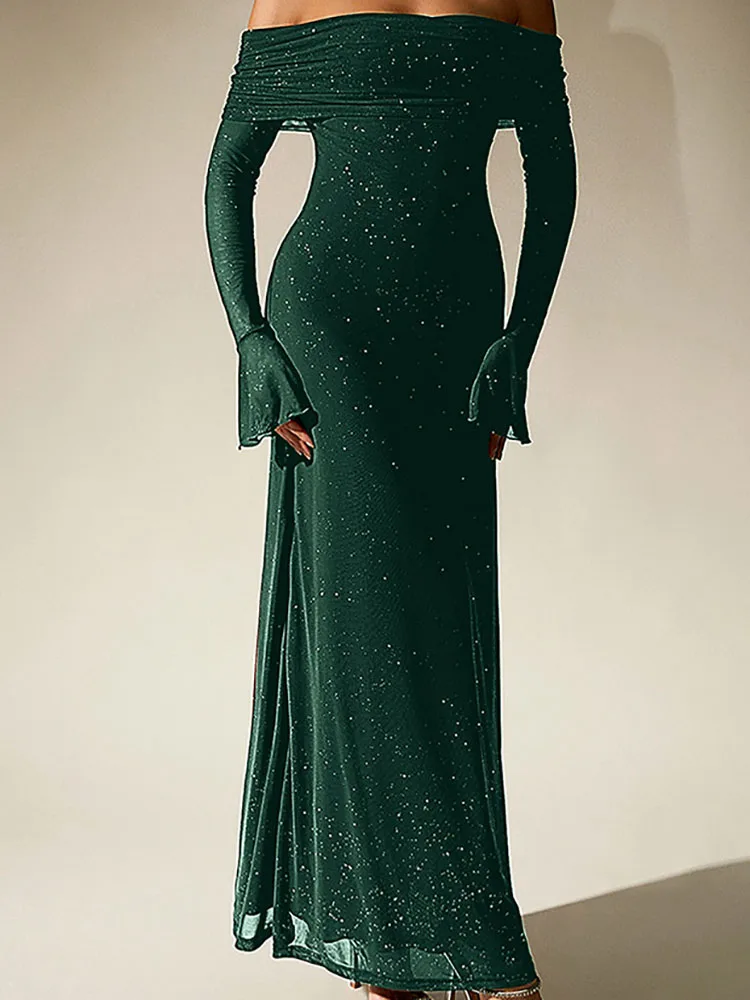 女性用セクシーなスラッシュネックドレープイブニングドレス、春のオフショルダー、ホローシャイニーロングドレス、秋のロングスリーブメッシュボヘミアンマキシドレス