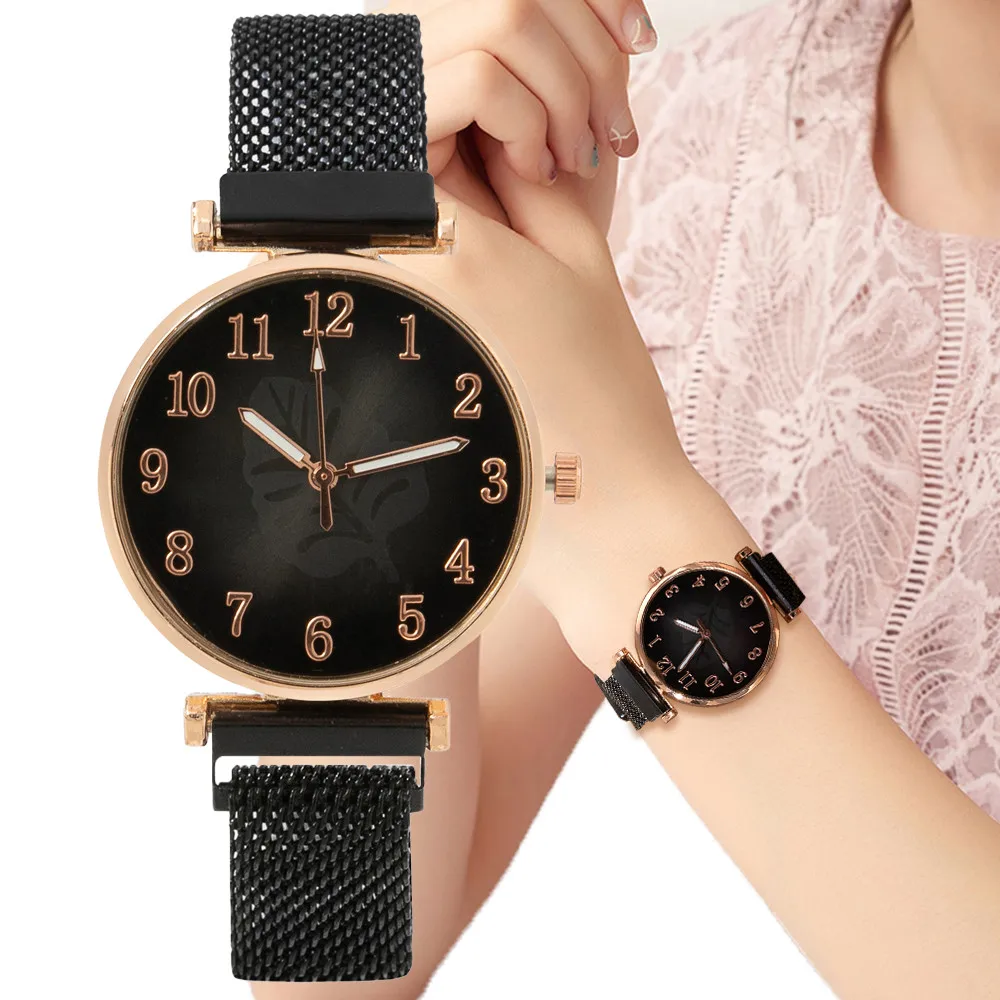 

Luxury Ladies Simple Digital Leaf Design Quartz Watch Stylish No Clasp Magnet Stainless Steel Women's Clock Dress Watches