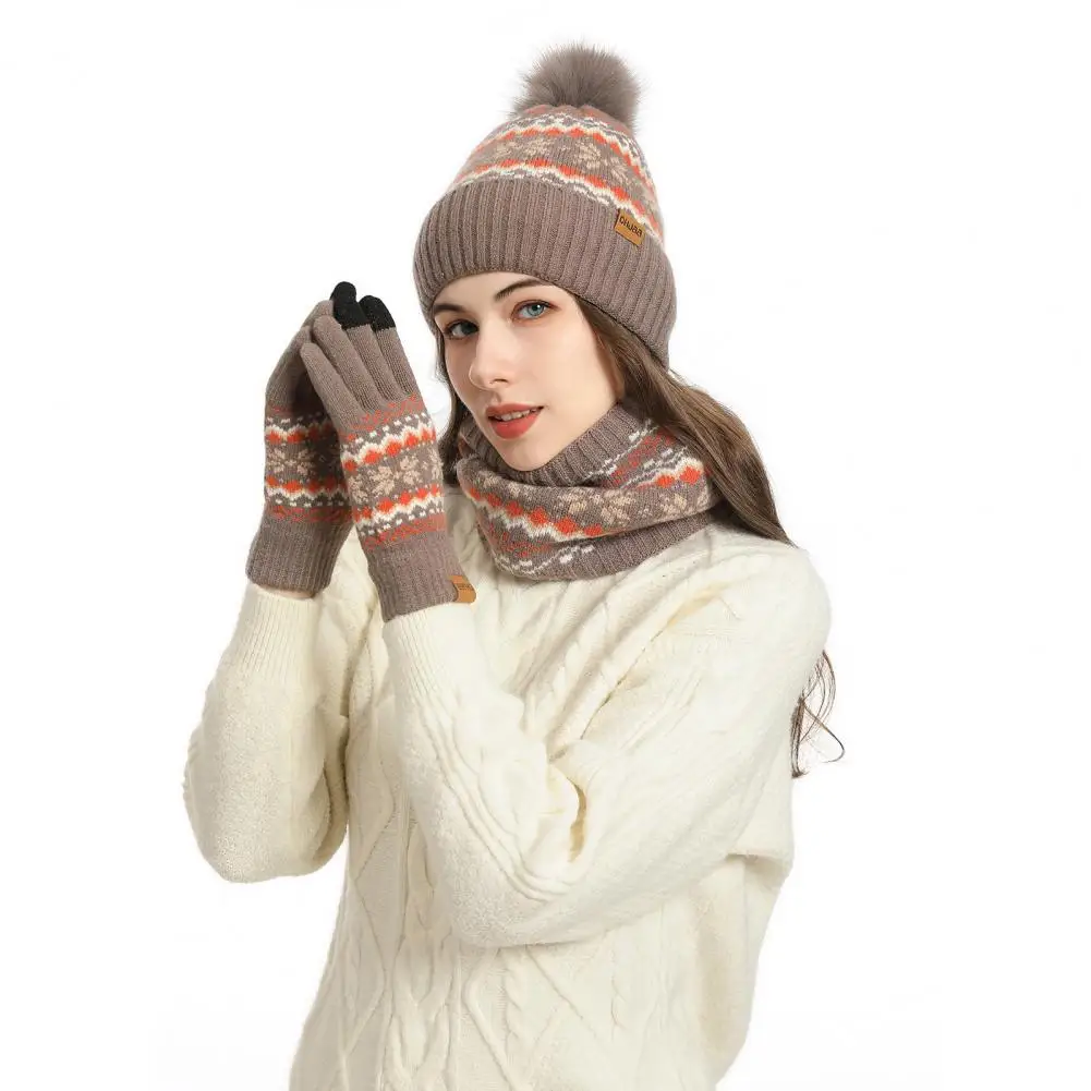 Gorro forrado de lã unissex, conjunto de polainas elásticas para pescoço, gorro de inverno, cachecol, conjunto de luvas com decoração de bola de