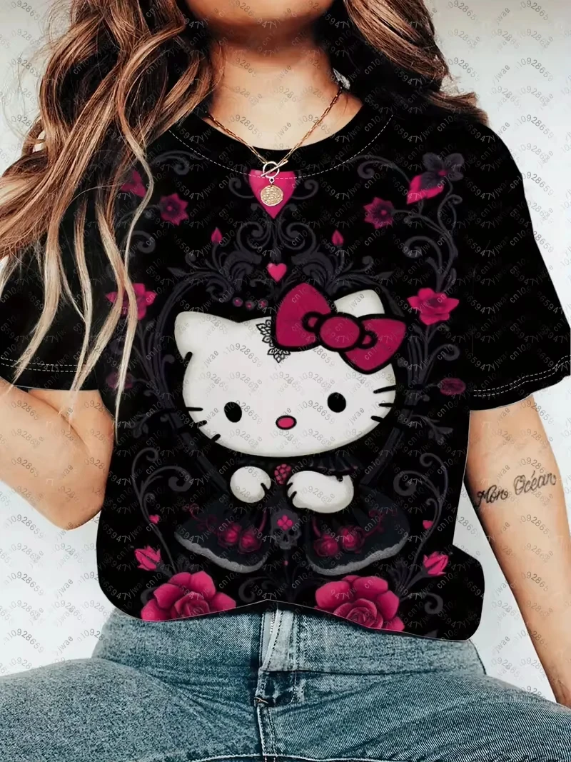 

Cute Girl Street Sweet Cool Hip-hop Halloween Hello Kitty T-shirt Top Plus Size Tees Summer Women's Short Sleeve T-shirt Tops