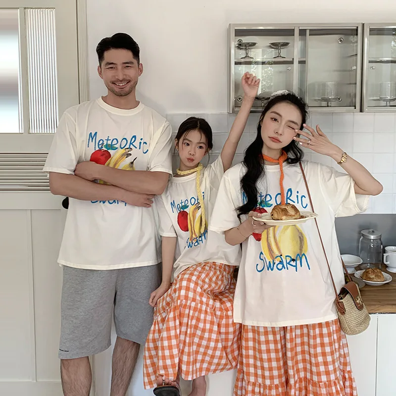 2026 Summer Family Matching Outfits Cartoon Print Cotton Short Sleeve T-Shirt Korean Style Mom Daughter Matching Skirt Set