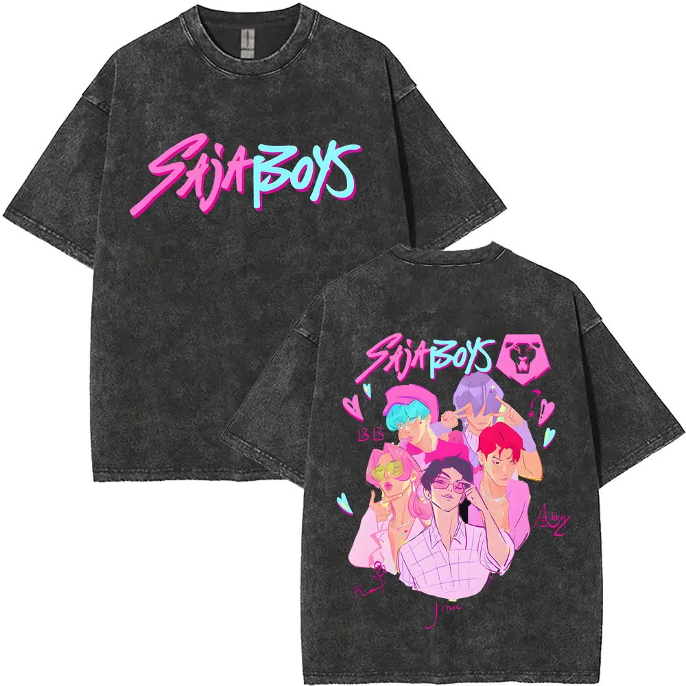 

Washed Vintage Movie KPop Demon Hunters Saja Boys Print T-shirt Men Women Casual Funny T Shirts Unisex Fashion Cartoon T-shirts