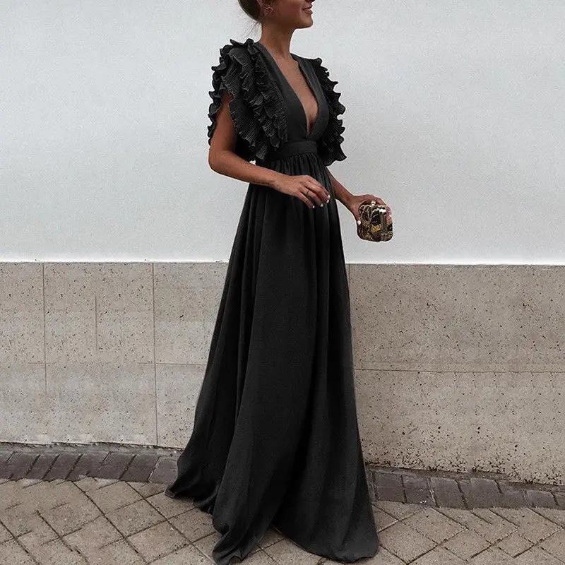 Formal Party Dress Women Deep V-Neck Long Dress Elegant Flying Sleeves Backless Maxi Evening Dresses Robe De Soiree