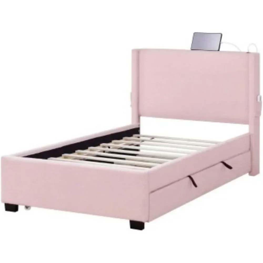 Twin Size Bed Frame with Removable Trundle，USB Functionality, Single Bed，Bedroom Furniture，No Box Spring Required，Bed Frame