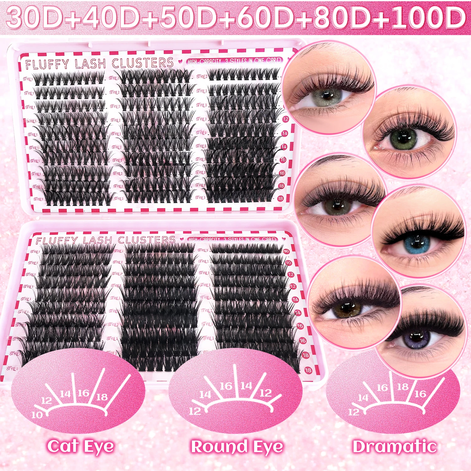 Large Capacity Eyelashes False Eyelashes 30D 40D 50D 60D 80D 100D Mixed Pack with Glue Tweezers, Glue Exquisite Gift Box