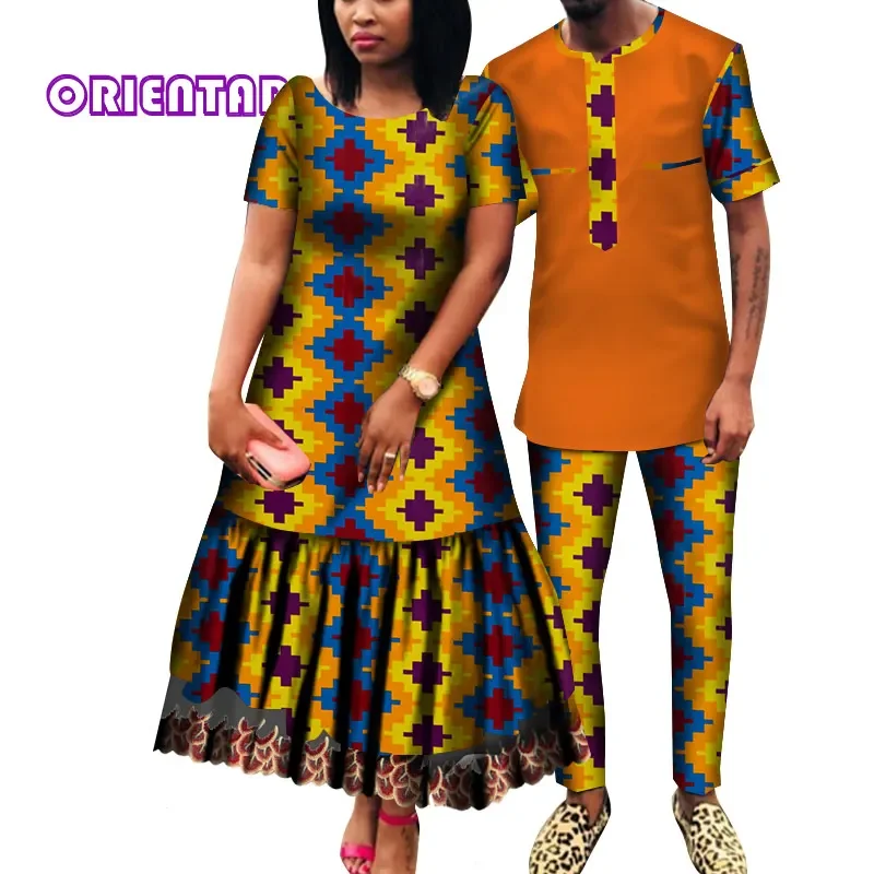 

African Couple Clothes African Clothing for Men Women Bazin Riche Women A-line Dress Men Suits African Clothes WYQ616