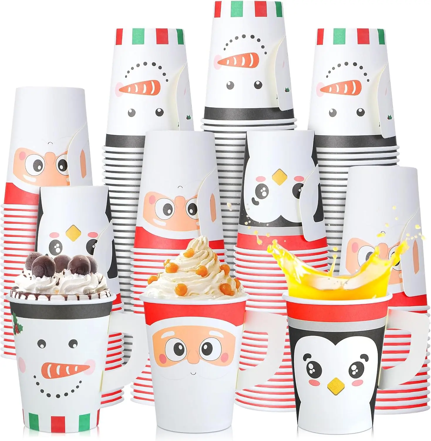 

120 Pcs 9 oz Christmas Disposable Coffee Cups with Handles Bulk Christmas Hot Chocolate Paper Cups Penguin Snowman Santa
