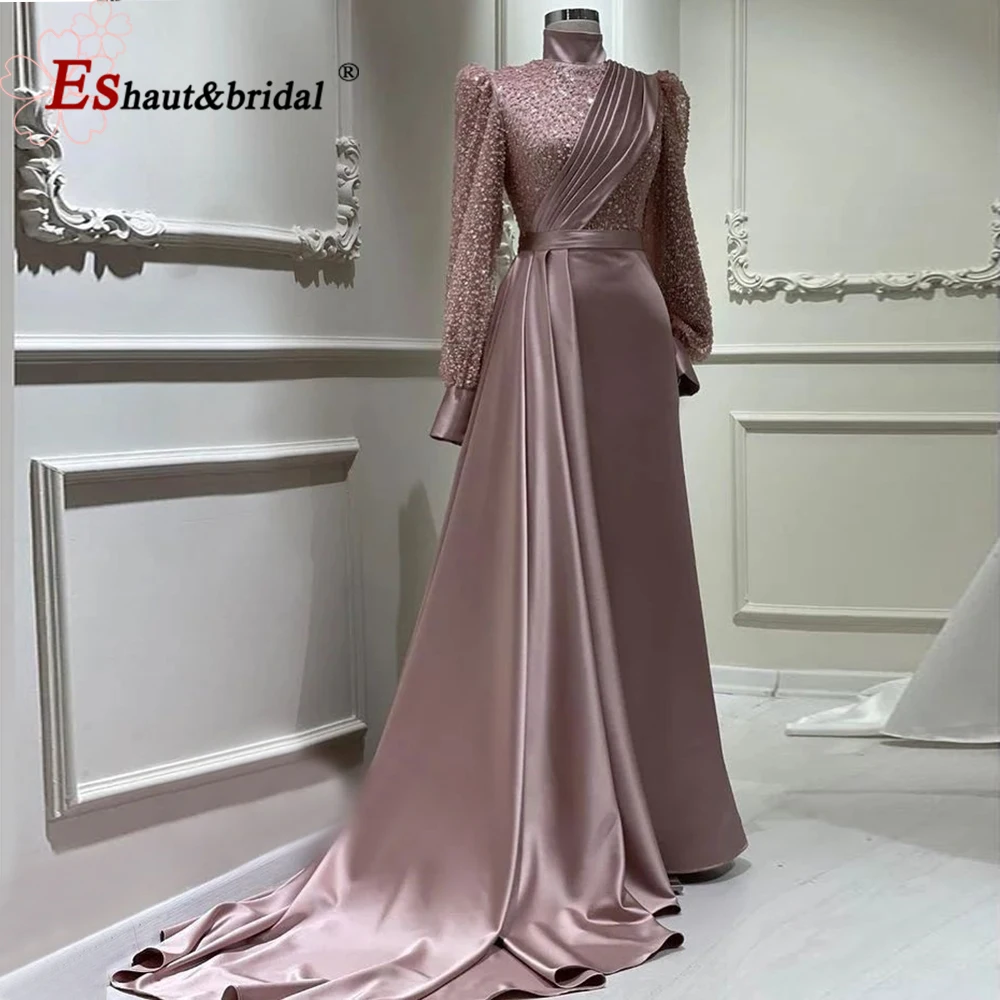 Elegant Muslim Evening Night Dress 2023 Long Sleeves High Neck Bead Mermaid with Detachable Skirt Formal Prom Wedding Party Gown