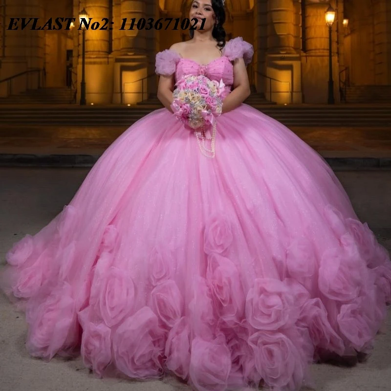 

EVLAST блестящее розовое платье Quinceanera по индивидуальному заказу с открытыми плечами и цветочной аппликацией, корсет с бисером Sweet 16, Vestidos 15 Anos E2QA181