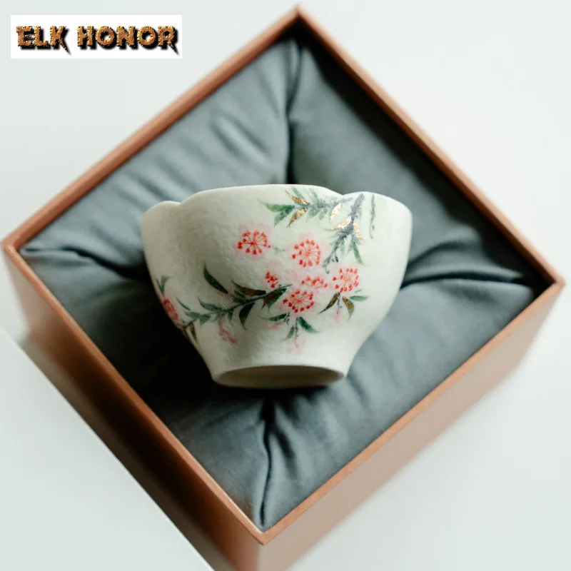 85ml Hand-painted Peach Blossom Teacup Antique Tea Bowl Tea Cup Set Tea-tasting Meditation Cup Jianzhan Master Cups Drinkware