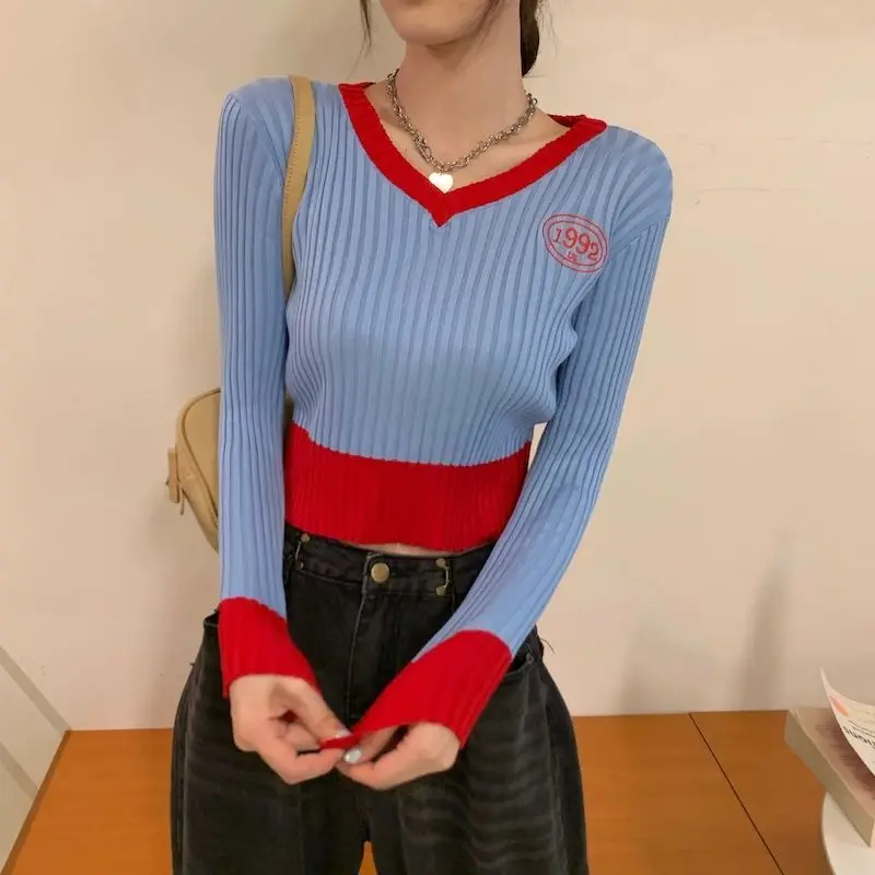 

Fashion Slimming V-neck Pullovers Women Autumn Winter New Color Blocking Long Sleeve Trendy Versatile Knitting Sweater