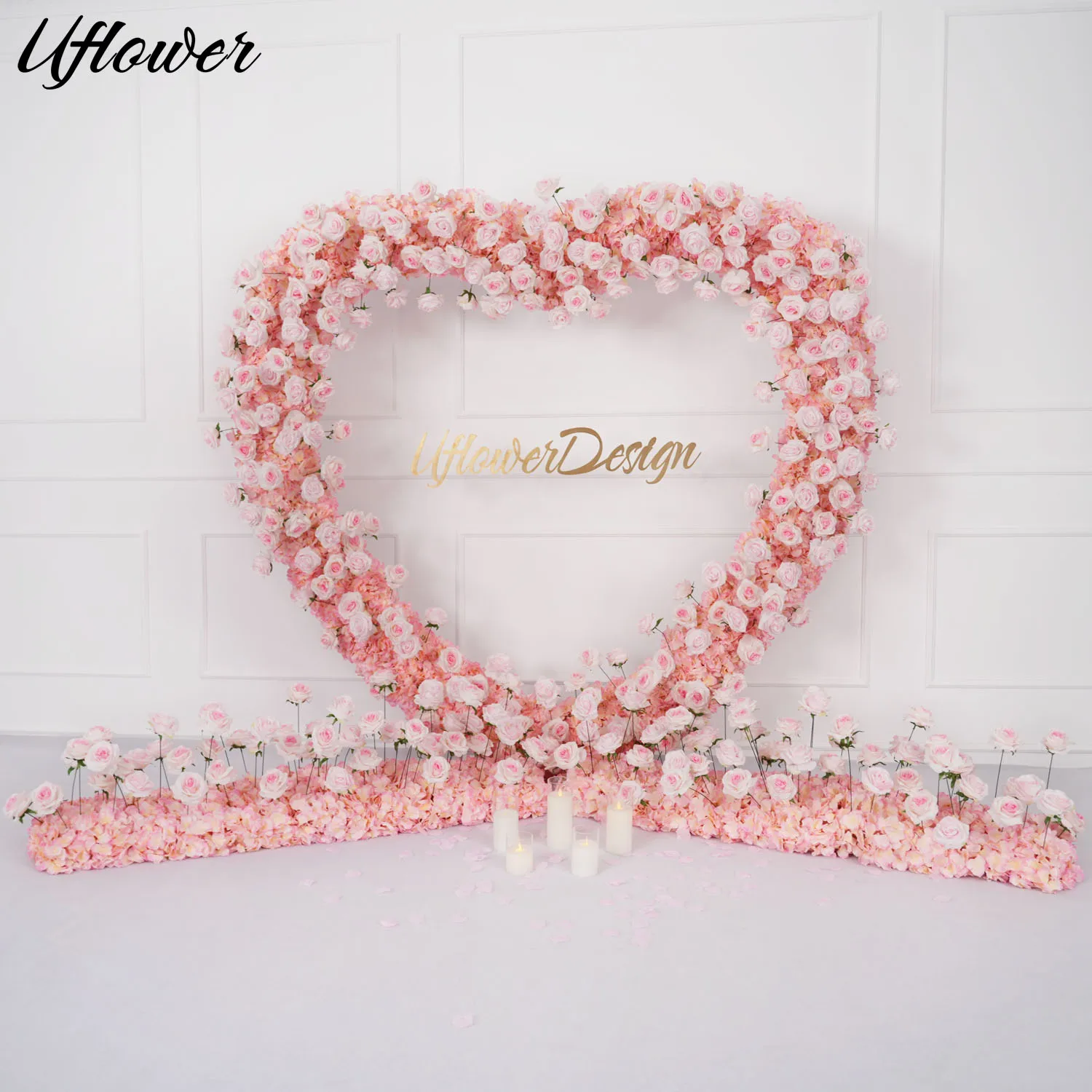 Uflower Luxury Pink 5D Floral Arrangement Heart-Shaped Frame Wedding Backdrop Decor Flower Row Party Arch Prop Stage Flower Wall