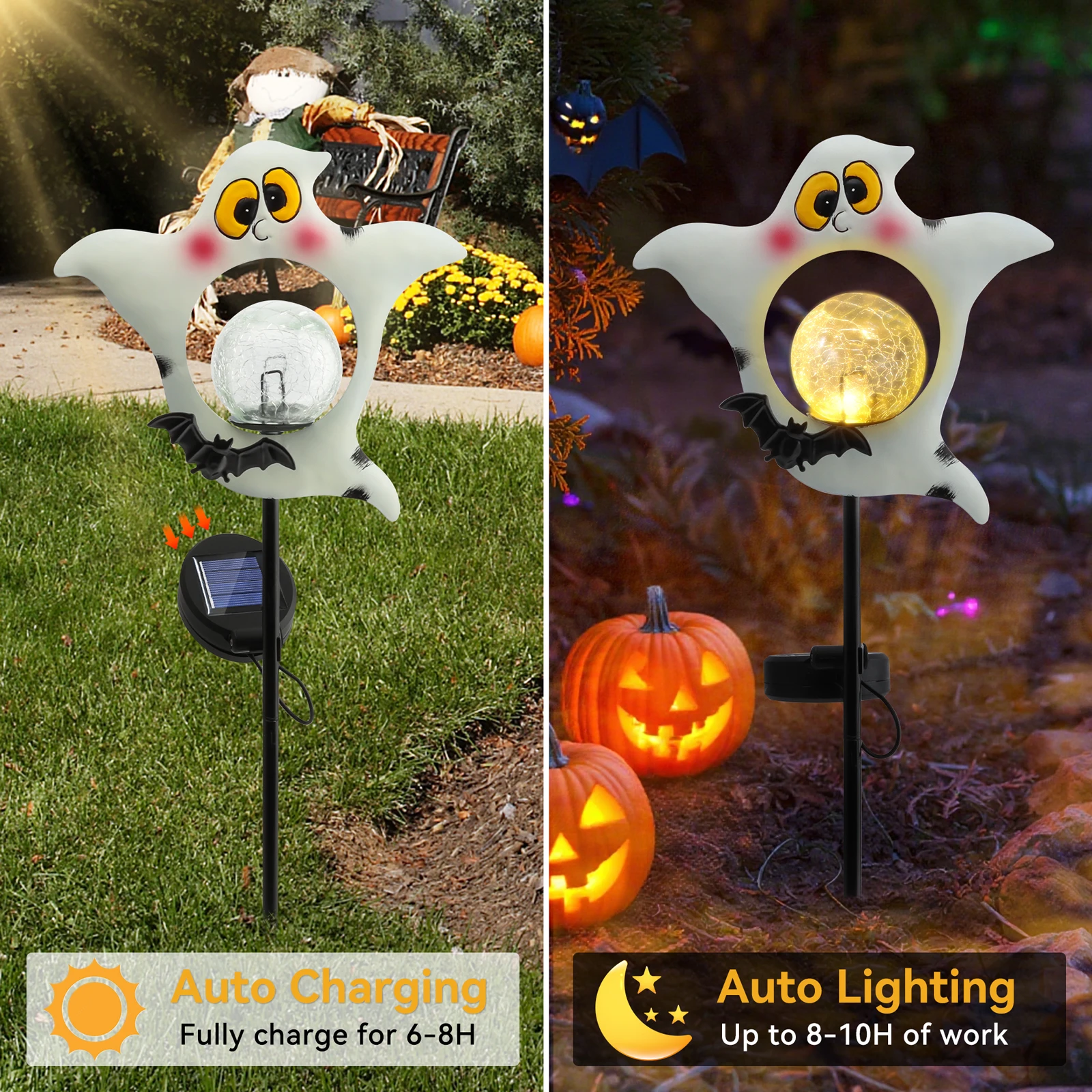 1/2PCS Solar Halloween Light Ghost Pattern Warm White Cracked Ball Light Outdoor Garden Light for Festival party Halloween Decor