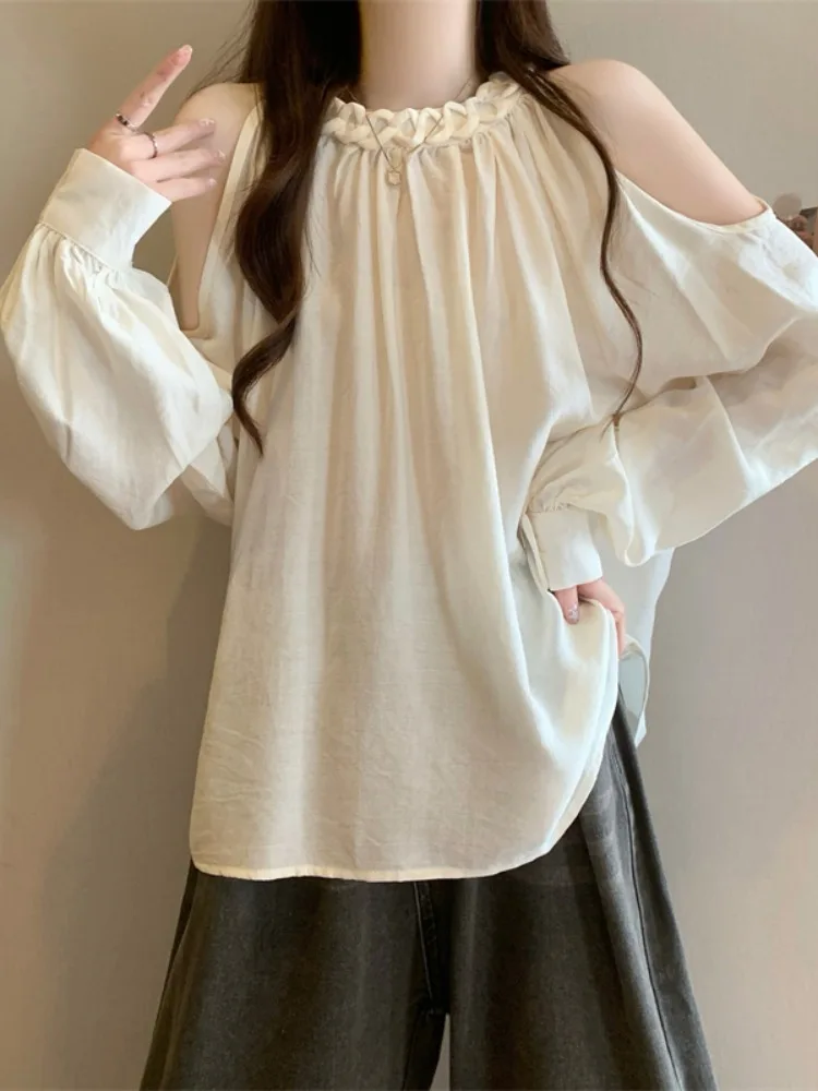Trendy Shoulder-baring Long Sleeve Neckline Women's Shirt Spring Autumn Loose round Neck Knitted Top Floral Design Commute Style
