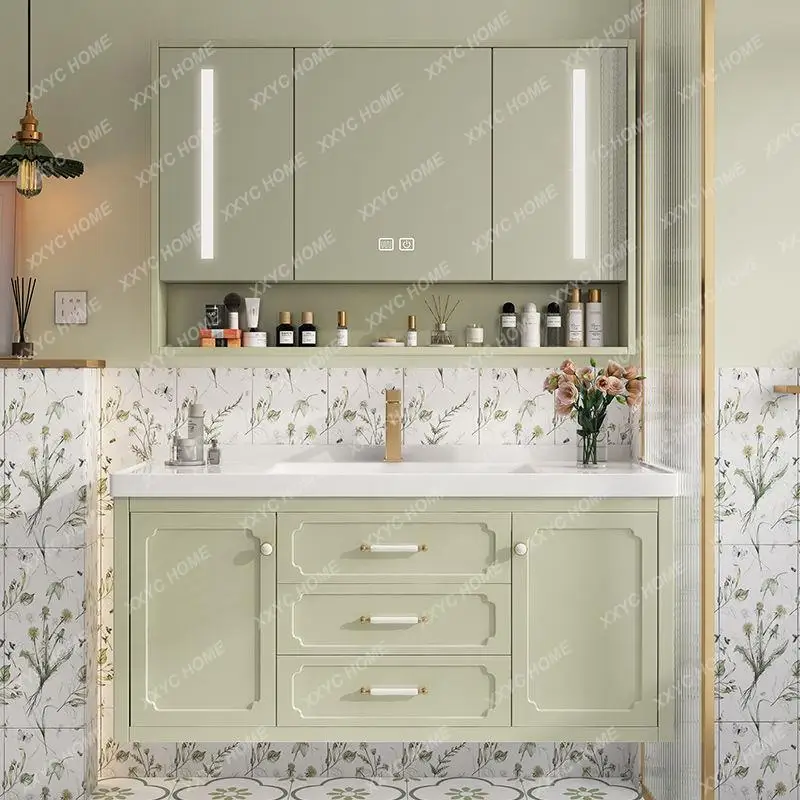 French Smart Solid Wood Bathroom Cabinet Combination Washstand Hand Washing Washbasin Cream Green Bathroom Mirror Cabinet