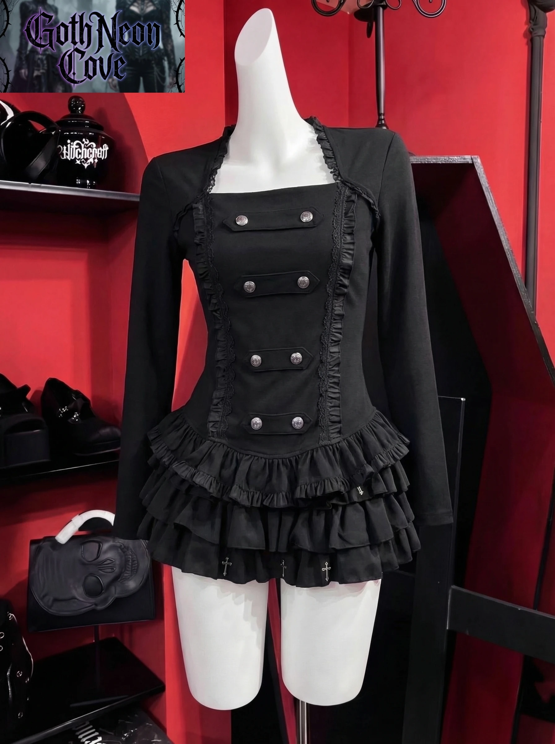 Summer Japanese Harajuku Dark Gothic Two Piece Set Women's Long Sleeve Double Breasted Top + Mini Skirt Subculture Y2K Punk Set