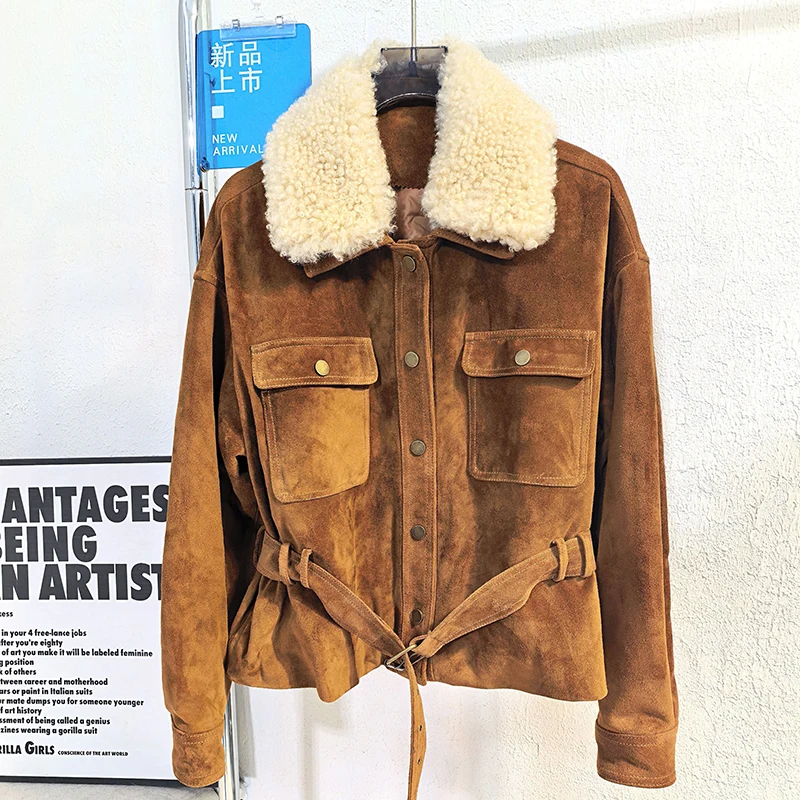 Kurtka damska z prawdziwej skóry zamszowej, modna, wełniany kołnierz, jednorzędowa, z paskiem, dopasowany krój, krótkie płaszcze puchowe, Chaquetas De Mujer