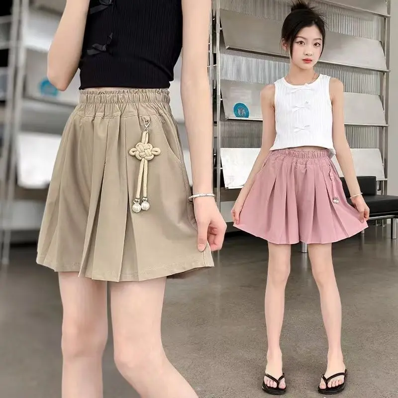 Kids Girls Cute Pleated Shorts 2025 New Children Summer Thin Whide Leg Pants Teenage Girls Pink Khaki Skirt Pants Chinese Style view 4