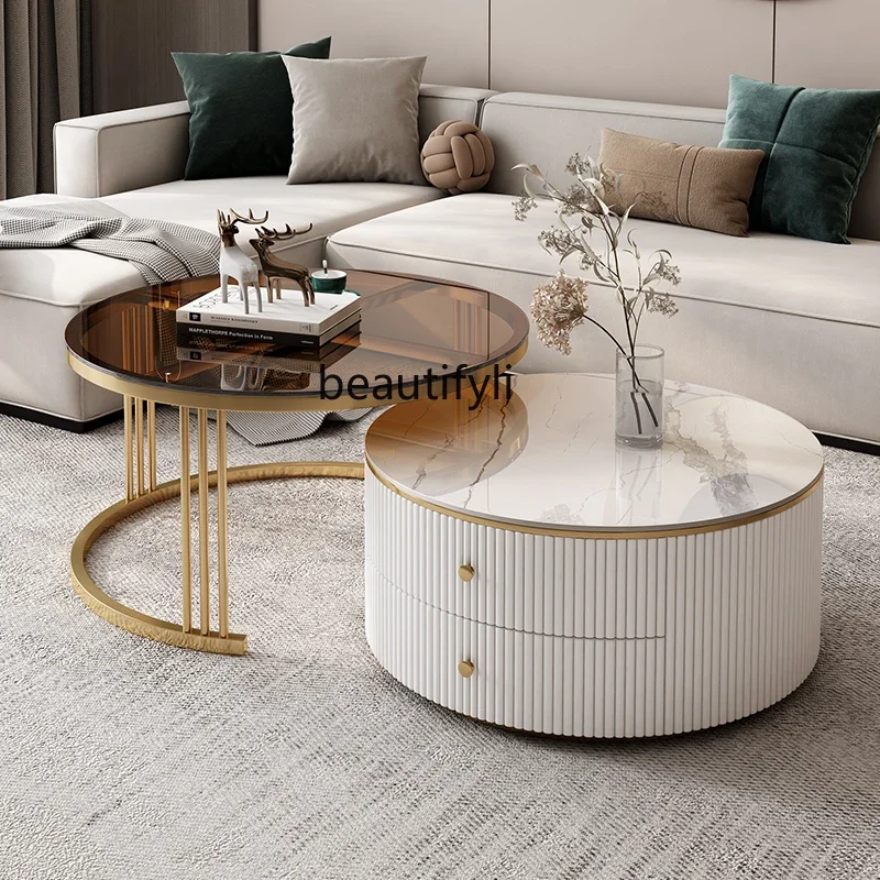 Light Luxury Modern Minimalist Double Drawer round Stone Plate Tempered Glass Coffee Table Cover TV Cabinet