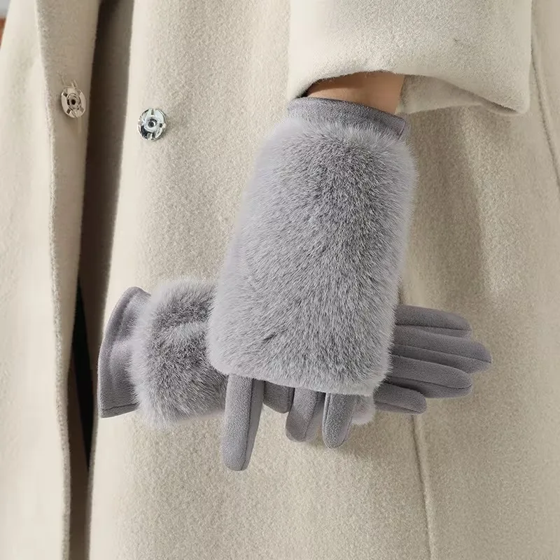 1 Paar Wildleder-Winterhandschuhe für Damen mit Kaninchen-Kunstfell, abnehmbarem Thermofutter, warme Party-Handschuhe für kaltes Wetter
