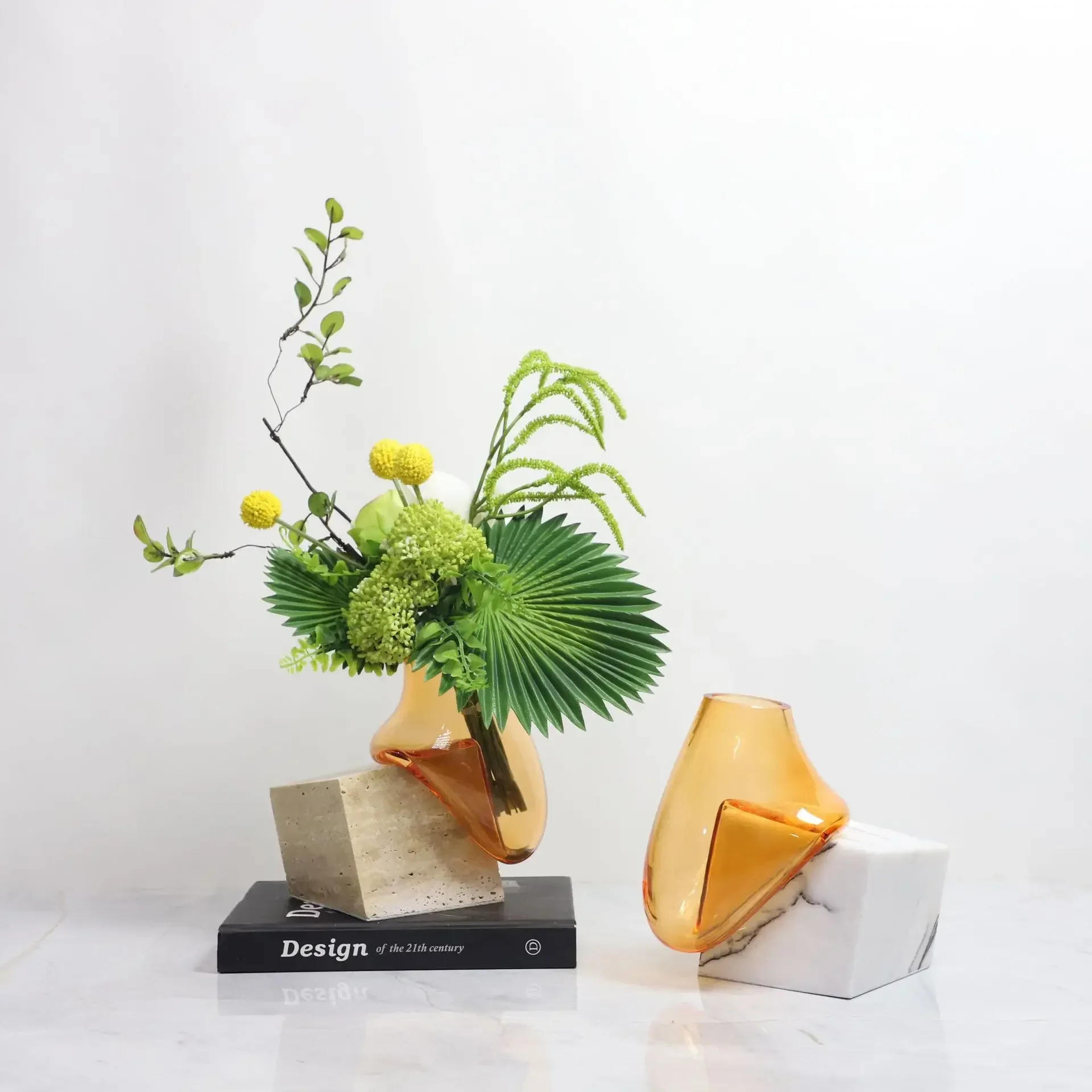 Creative Glass Vase Marble Base Abstract Moving Water Droplets Transparent Vase Floral Arrangement Accessories Home Decoration