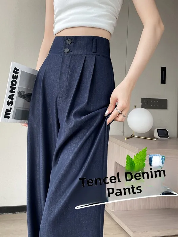

Deep Blue High Waist Silk Denim Jeans Summer Thin Loose Wide Leg Pants Ice Silk Ladies Loose Fit High Waist Jeans