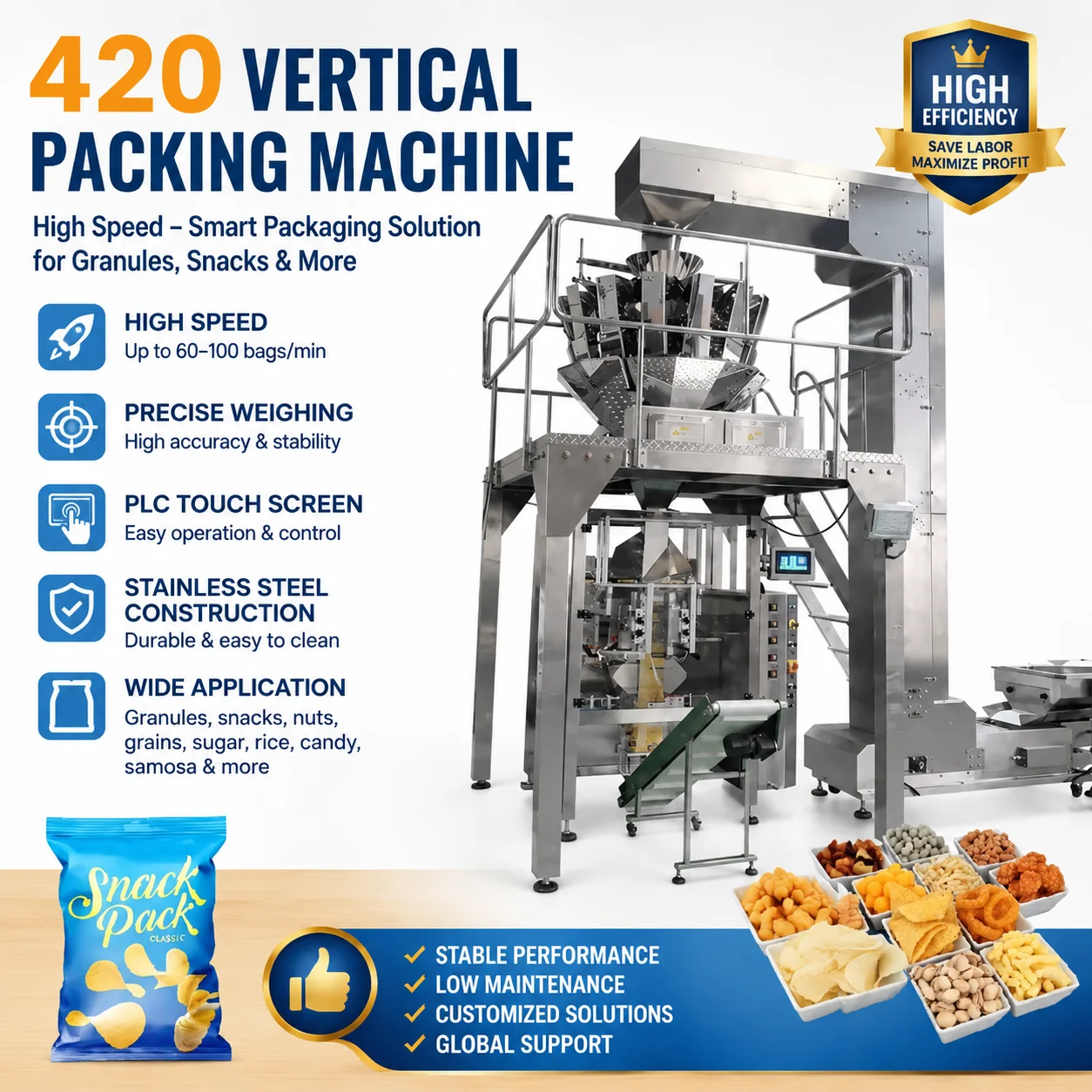 Automatic Puffed Food Potato Chips Banana Plantain Chips Snack French Fries Pouch Chips Multihead Weigher Packing Machine